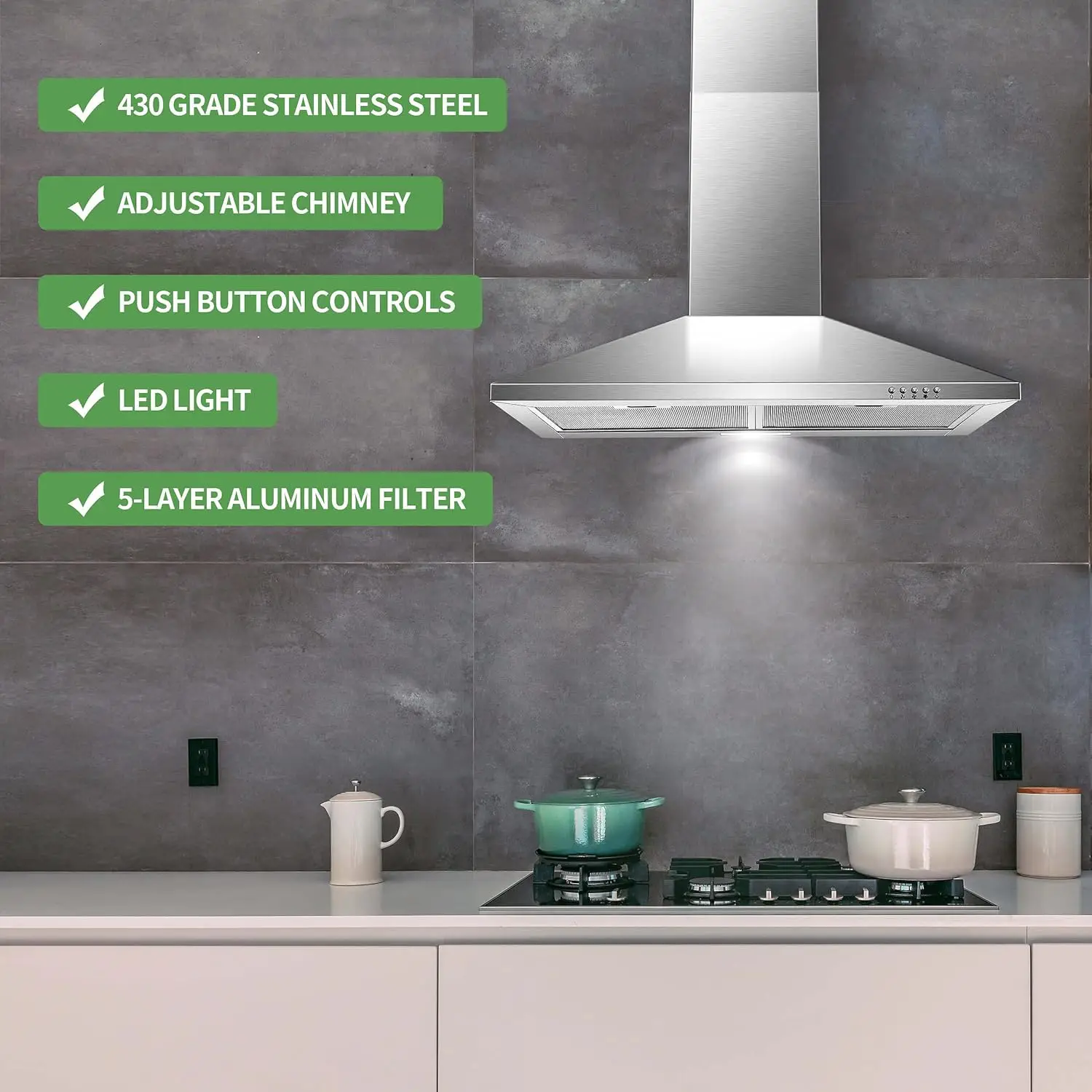 Range Hood 30 inch,Wall Mount Range Hood in Stainless Steel With Ducted/Ductless Convertible,Stove Vent with Aluminum