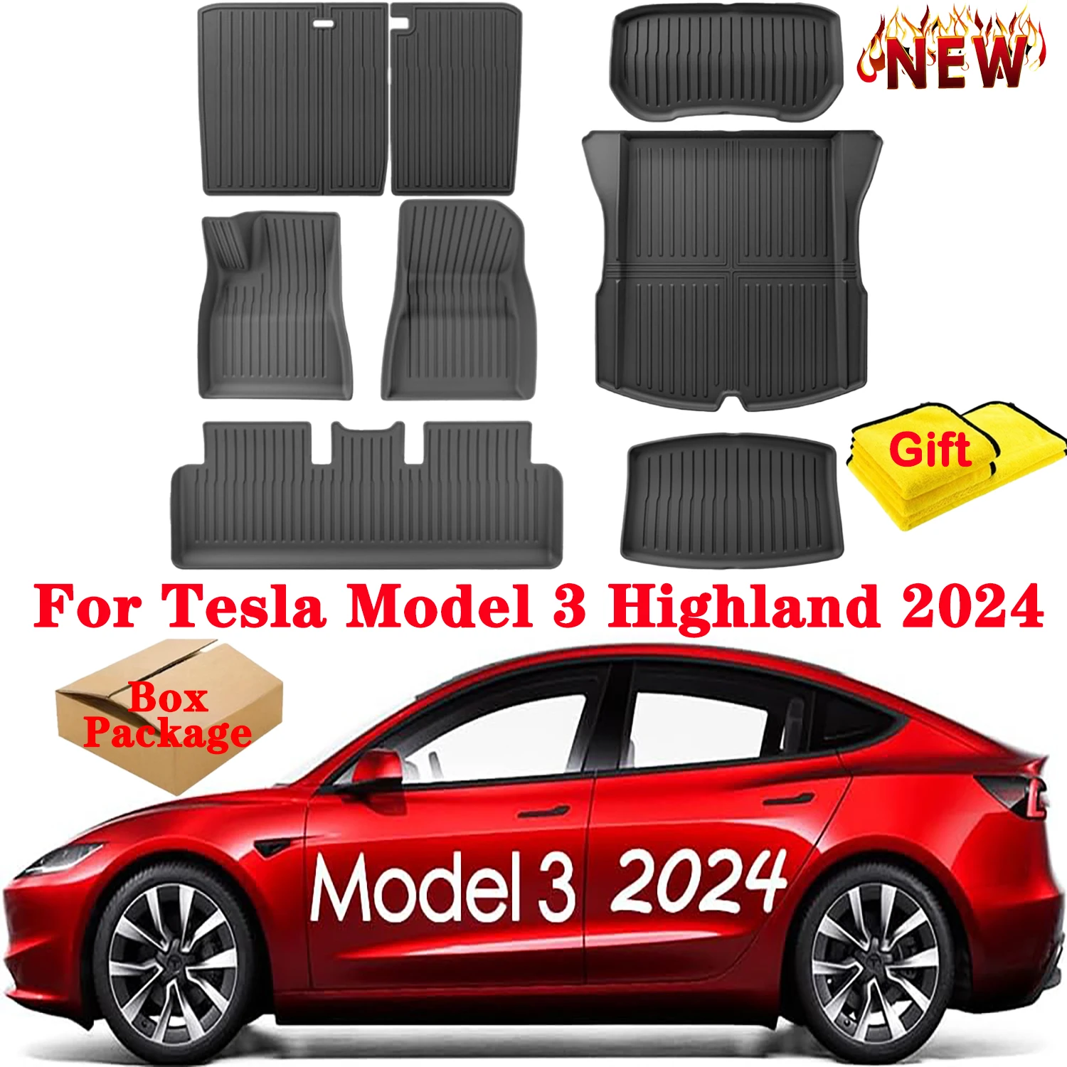 

TPE Floor Mats For 2024 New Tesla Model 3 Highland, All Weather Front Rear Cargo Liner Trunk Mat Waterproof Anti-Slip Mats