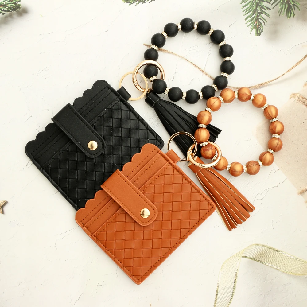 2024 New PU Card Holder Silicone Beaded Bracelet Keychain Card Holder Women's Wallet   Leather Woven Card Bag Zero Wallet 4