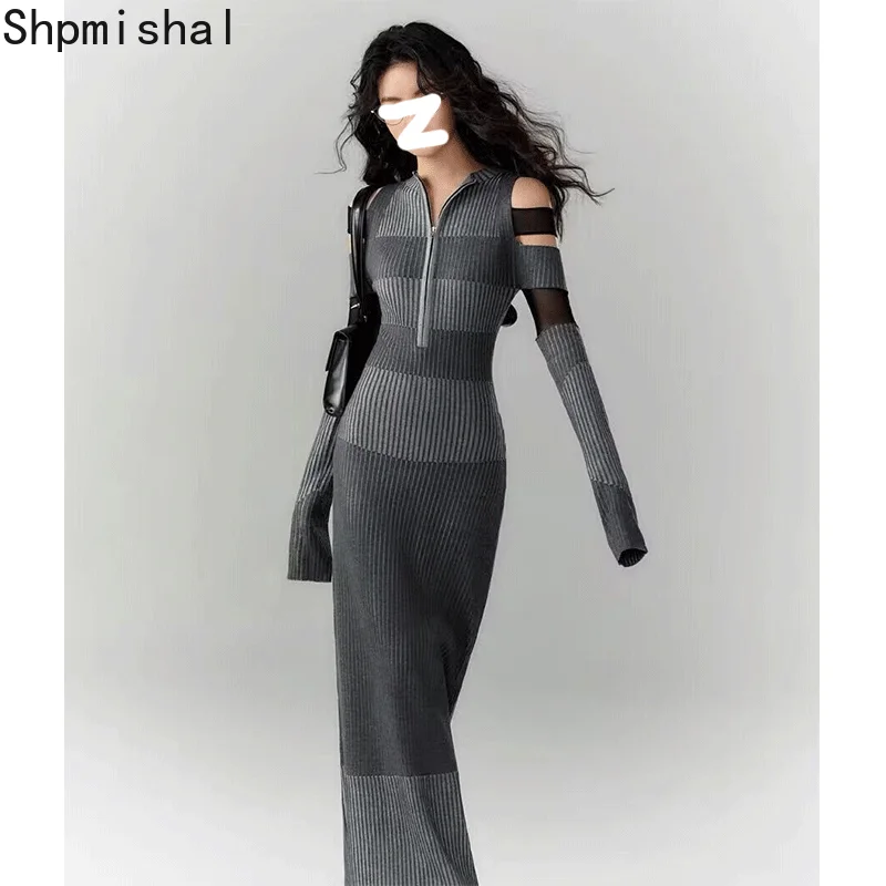 

Miiiix Winter New Striped Patchwork Design Knitted Dress for Women's Autumn and Winter Long Sleeved Off Shoulder Long Dress