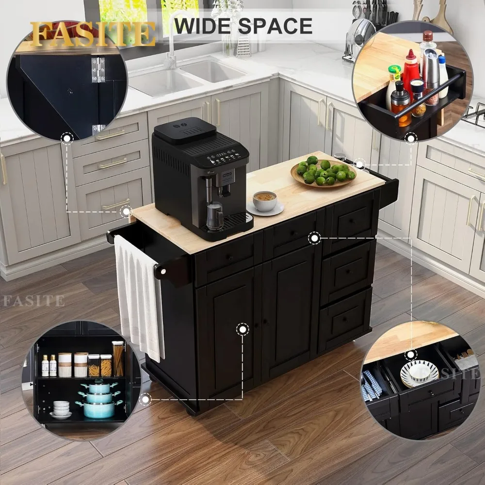 Kitchen Island with Drop Leaf,Kitchen Cart Rolling Mobile Island with Wooden Countertop, Spice Rack,Adjustable Shelves