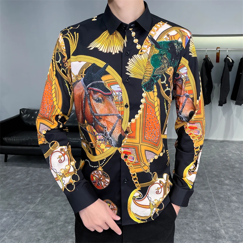 

High Quality Gold Clain Printed Luxury Europe Clothing For Mens Fashionable Royal Horse Designer Dress Shirts Large Size Fancy