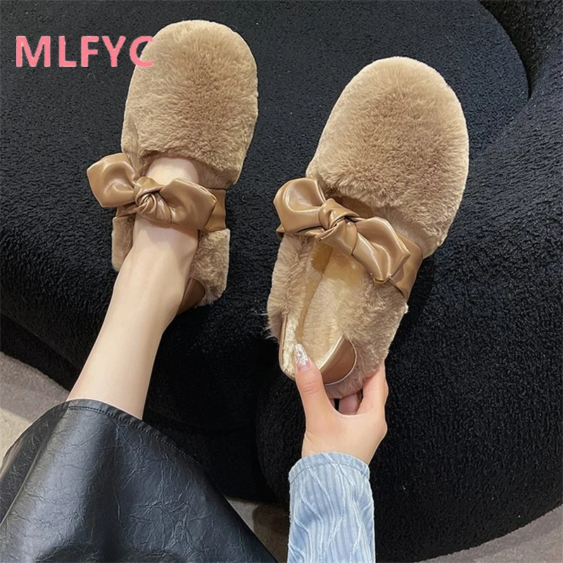 Cotton Shoes Ladies Autumn and Winter New Bow Lazy Shoes Flat Bottom and Plush Two Wear Cotton Shoes Casual Warm Women Shoes