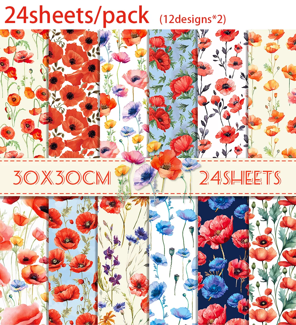 24 stücke 30*30 cm Mohn Rote Blumen Sammelalbum Handwerk Papier DIY Handwerk Kunst Hintergrund Papier Origami Karte, der Fotoalbum Dekoration – Detail 1