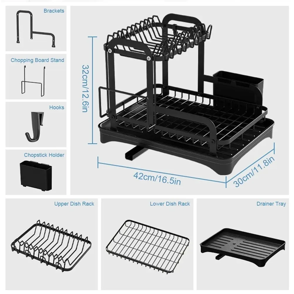 2 Tier Dish Drainer Rack Kitchen Drain Basket Countertop Dinnerware Organizer