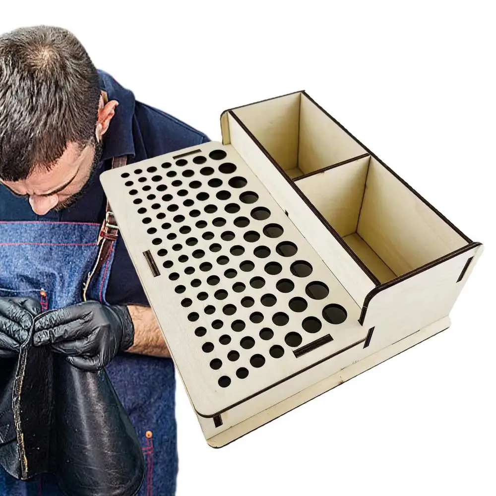 Description Picture 2 of itemHandwork Tools Holder Box 103 Holes Organizer Wooden Rack For Leather Craft Punches Stand Carving Tools Drill Bits Storage