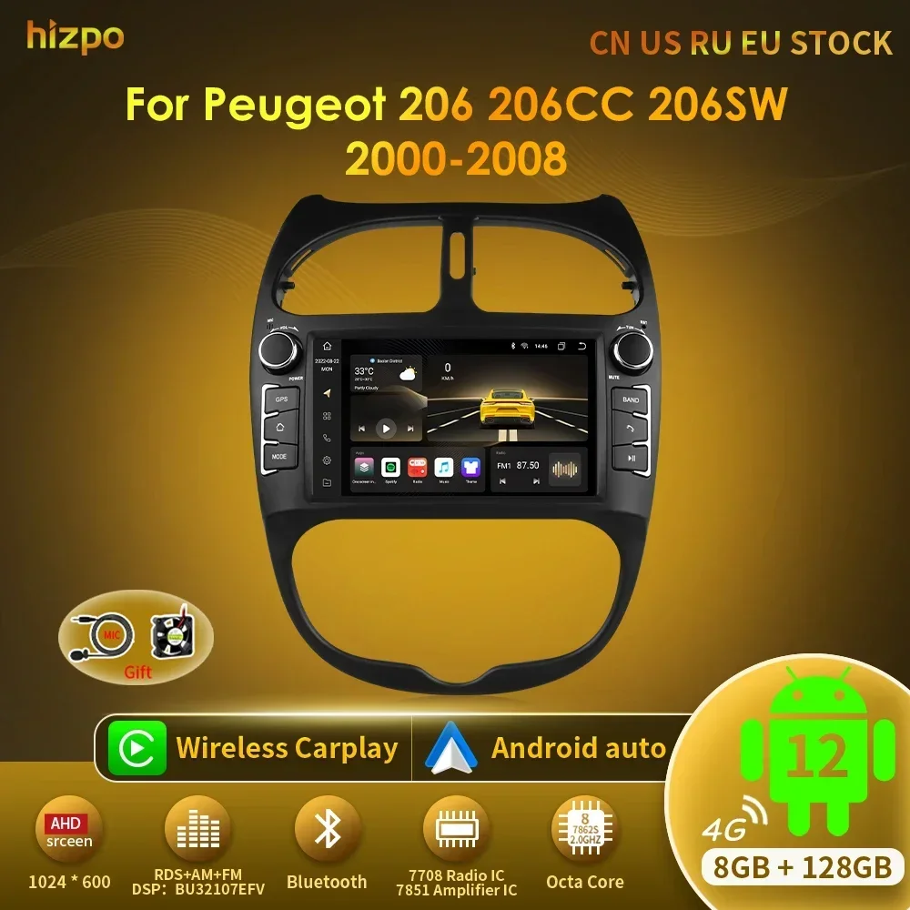 Hizpo 7862 2din  Android 12 Car Radio For PEUGEOT 206 206CC 206SW 2000-2008 Auto Multimedia Player GPS Autoradio Carplay Navi