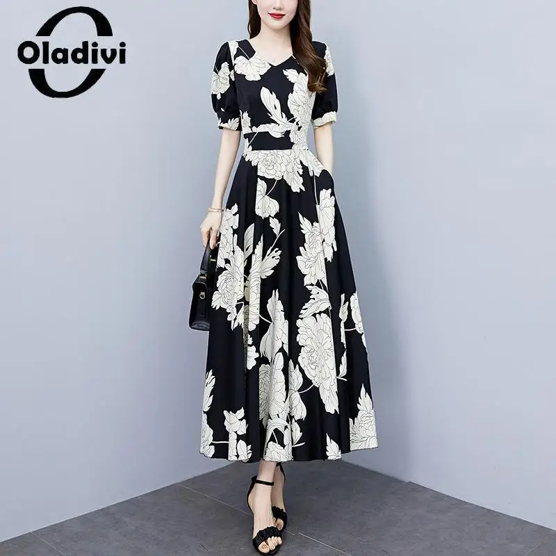 

Oladivi Fashion Printed Large Size Women Casual Loose A-Line Dress 2023 Summer New Oversized Dresses Female Tunic Robe 5XL 8663