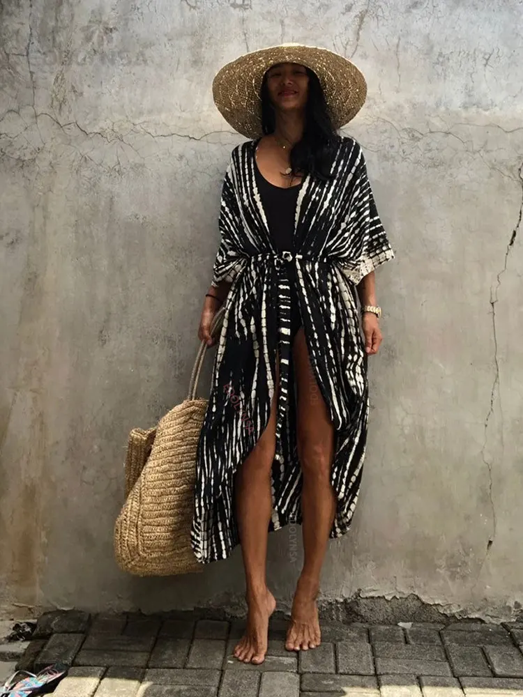 2022 Bikini Coverups Black Retro Striped Self Belted Women Summer