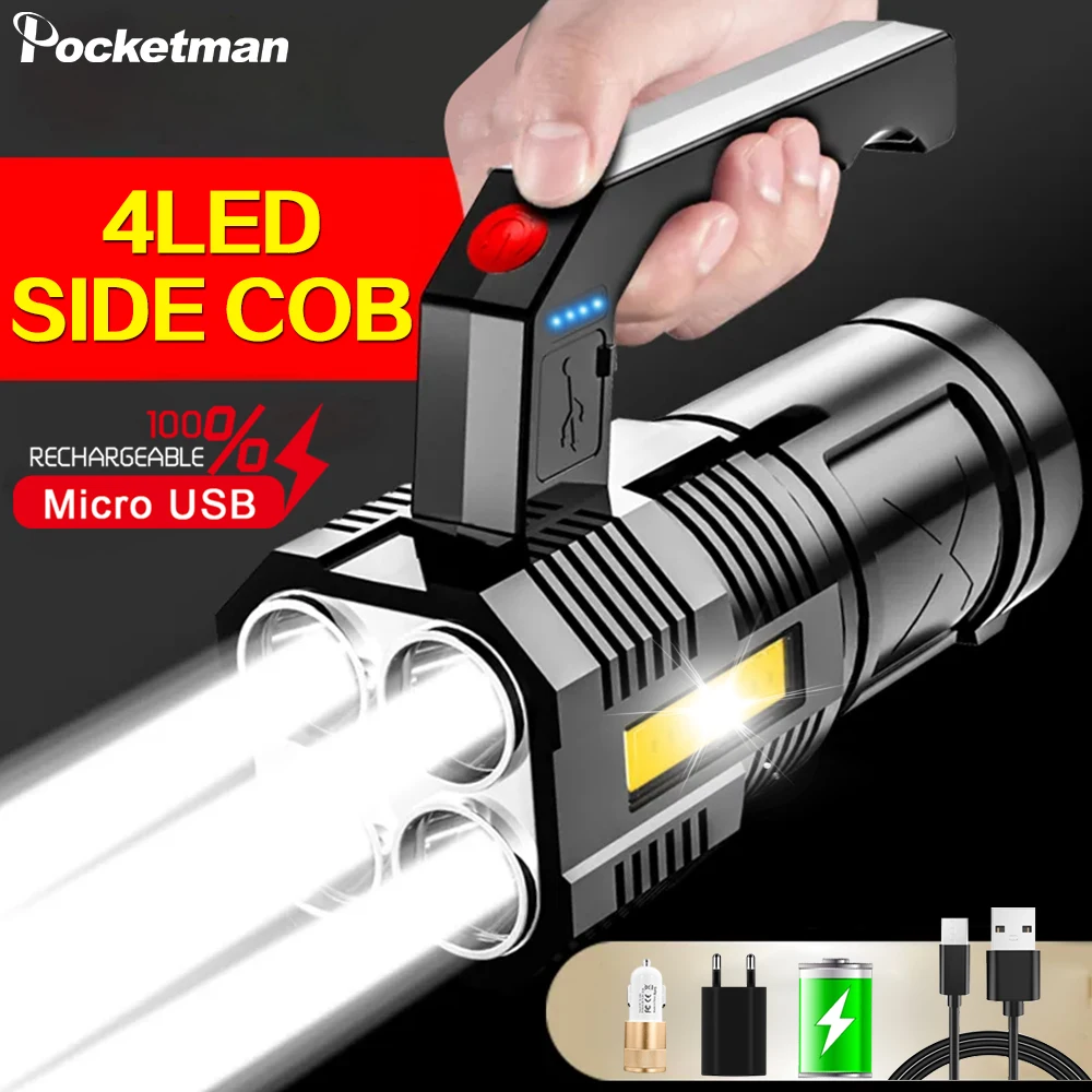 200W Glare Portable Lamp 4led COB Flashlight Searchlight Patrol Flashlight Torch Lanterna With Battery Camping Fishing