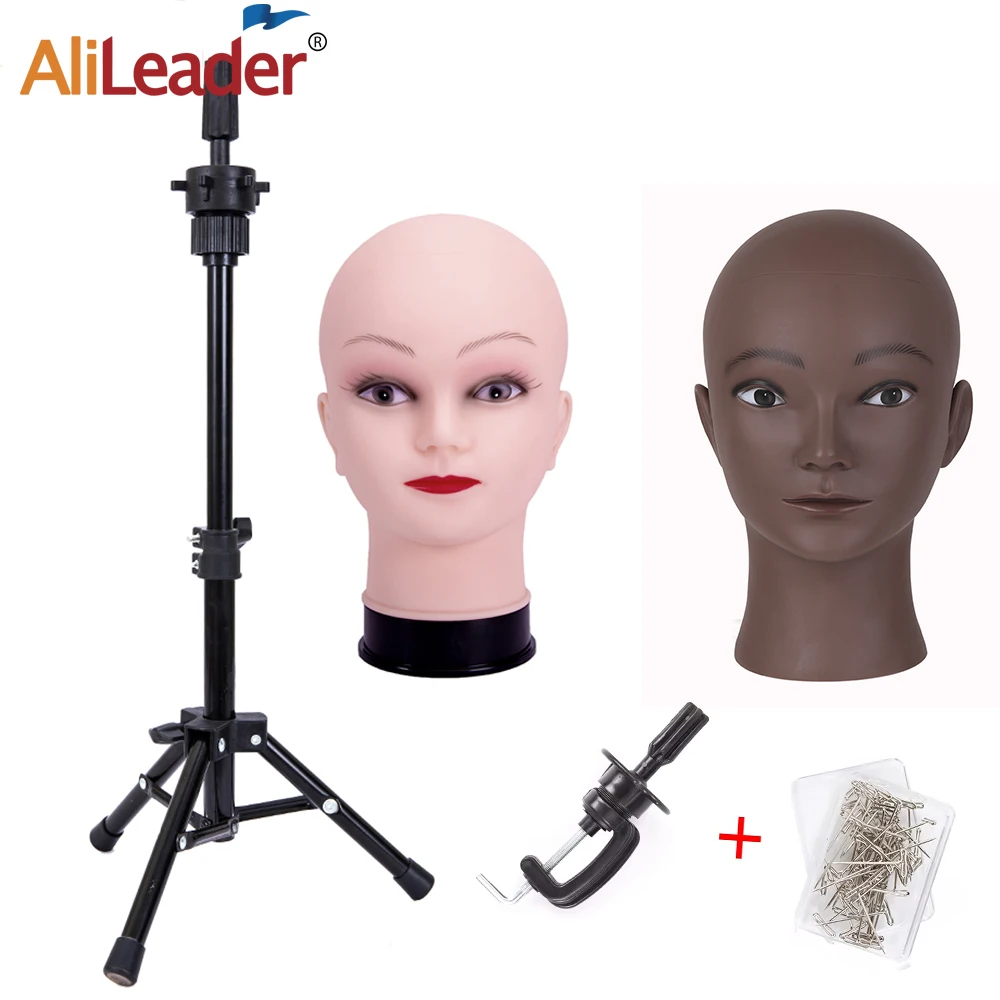 64cm 삼각대 가발 스탠드, 대머리 마네킹 헤드 포함 검정색 미니 가발 스탠드 삼각대, 대머리 조절 가능 삼각대 가발 스탠드, T핀 포함