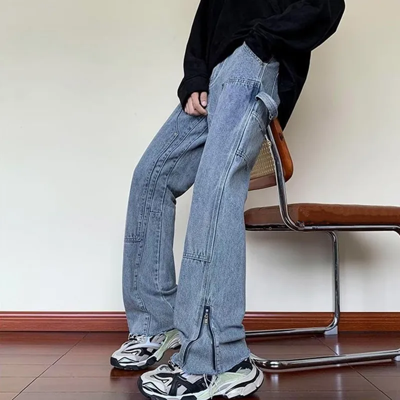 

2023 Vibe Style Ankle Zipper Baggy Men Hip Hop Wide Leg Jeans Pants Y2K Clothes Washed Blue Straight Denim Trousers Ropa Hombre
