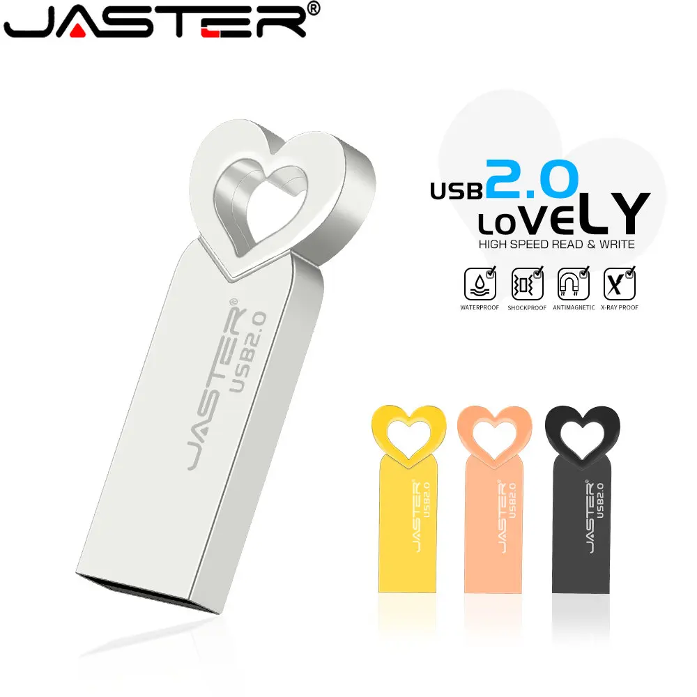 JASTER USB 2.0 Flash Drive 64GB Heart-shaped Metal Fashion Pen drive 32GB 16GB High speed Memory stick 8GB 4GB U disk For Laptop