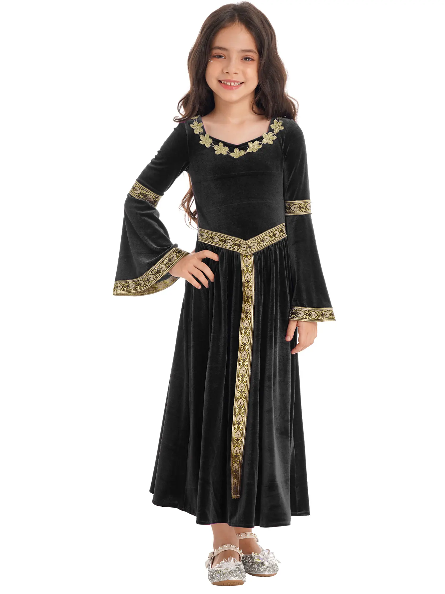 

Kids Girls Medieval Princess Velvet Dress Long Flare Sleeve Retro Patterned Band Solid Color Pullover Style Dress Up Costumes