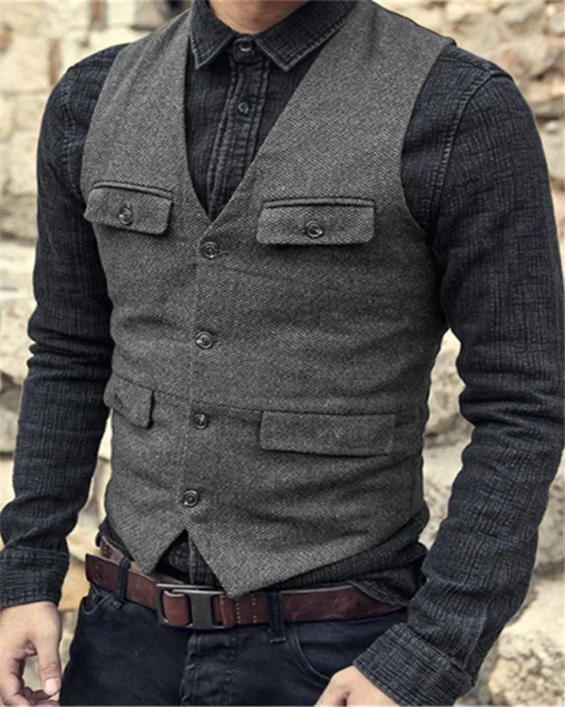 Mens Suit Dress Vests Men's Suit Vest Brown Burgundy Herringbone Wool Tweed Vintage Steampunk Waistcoat Formal Business Vests For Men Wedding