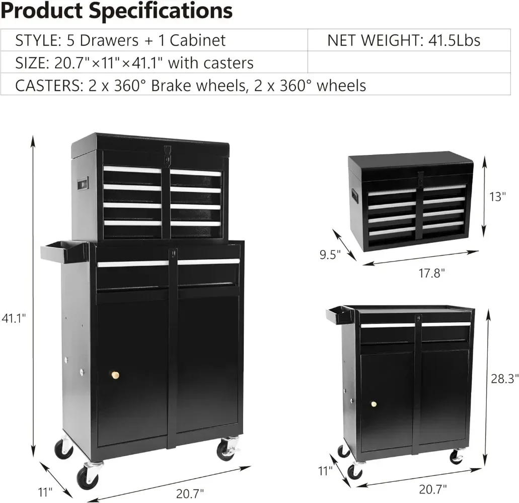 5-Drawer Rolling Tool Storage Cabinet W/ Detachable Top Tool Box Liner Universal Lockable Wheels, Adjustable Shelf 2