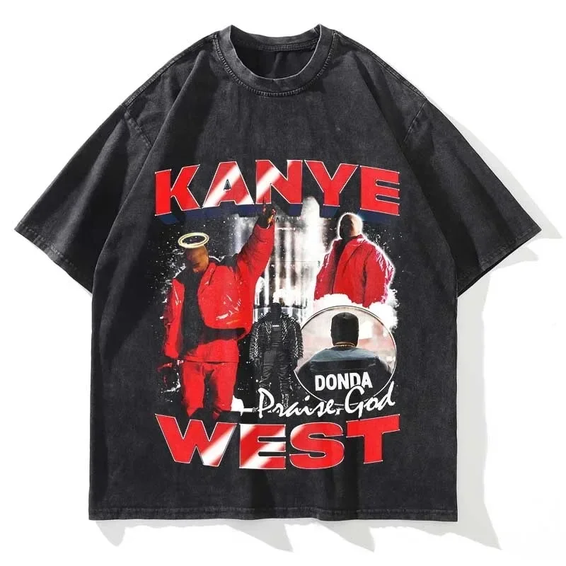 KANYE 남녀공용 그래픽 프린트 반팔 티셔츠, 면 소재, 빈티지 오버사이즈 크루넥, 패션 스트리트웨어, 여름 워싱