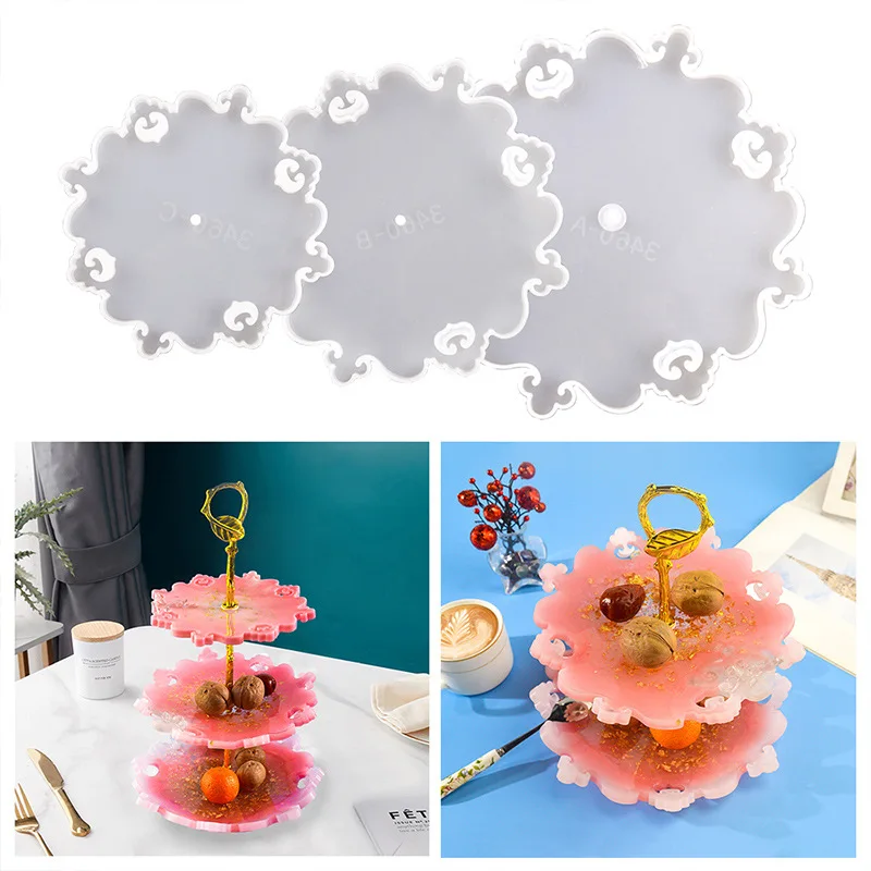 

Silicone Resin Resin Tray Mold 3 Layers Fruits Tray Silicone Epoxy Casting Crystal Mould with Golden Stand Round Square Mold Set