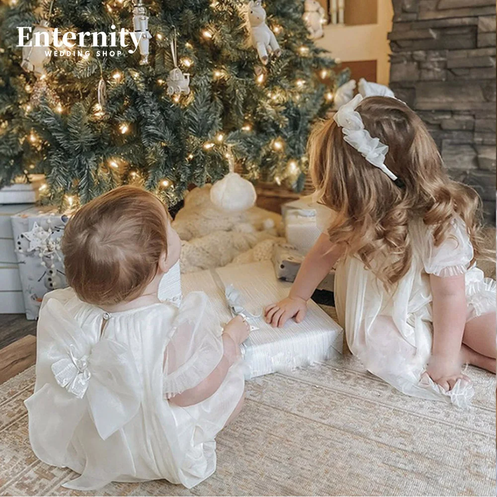 

Princesse Enfant Bow Fold Square Neck Open Back Puff Sleeve Flower Girl Dress Pearls Knee-length Lovely Vestidos Para Niñas