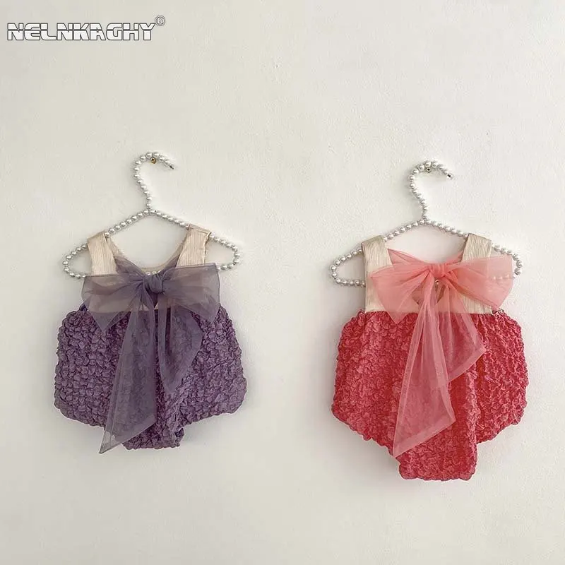 

Summer New In Newborn Princess Sling Patchwork Mesh Bow Bubbles Outdoor Clothing Infant Kids Baby Girls One-pieces Bodysuit 유아복