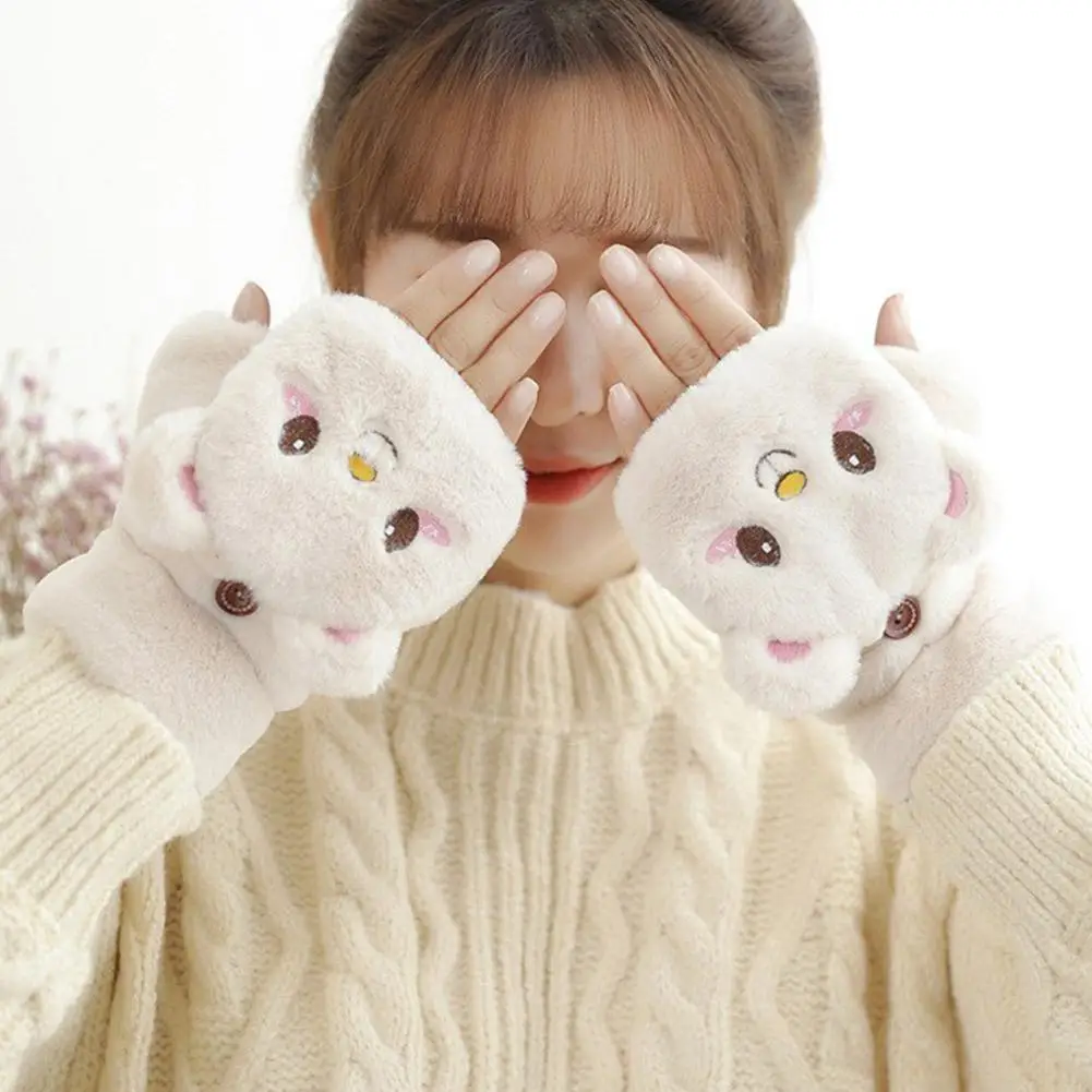 Cute Knit Mittens Plush Fingerless Gloves Flip Half Finger Driving Glove Winter Soft Warm Thick Gloves For Women Girl knitted gloves,plush gloves