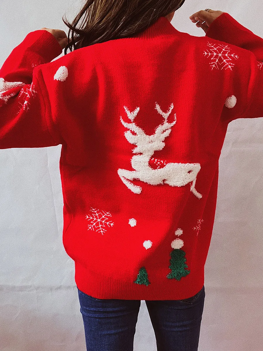 Women s Pullover Sweater with Reindeer and Snowflake Designs Cozy Mock Neck Knitwear for Winter Holidays Red Black Sizes S-XL