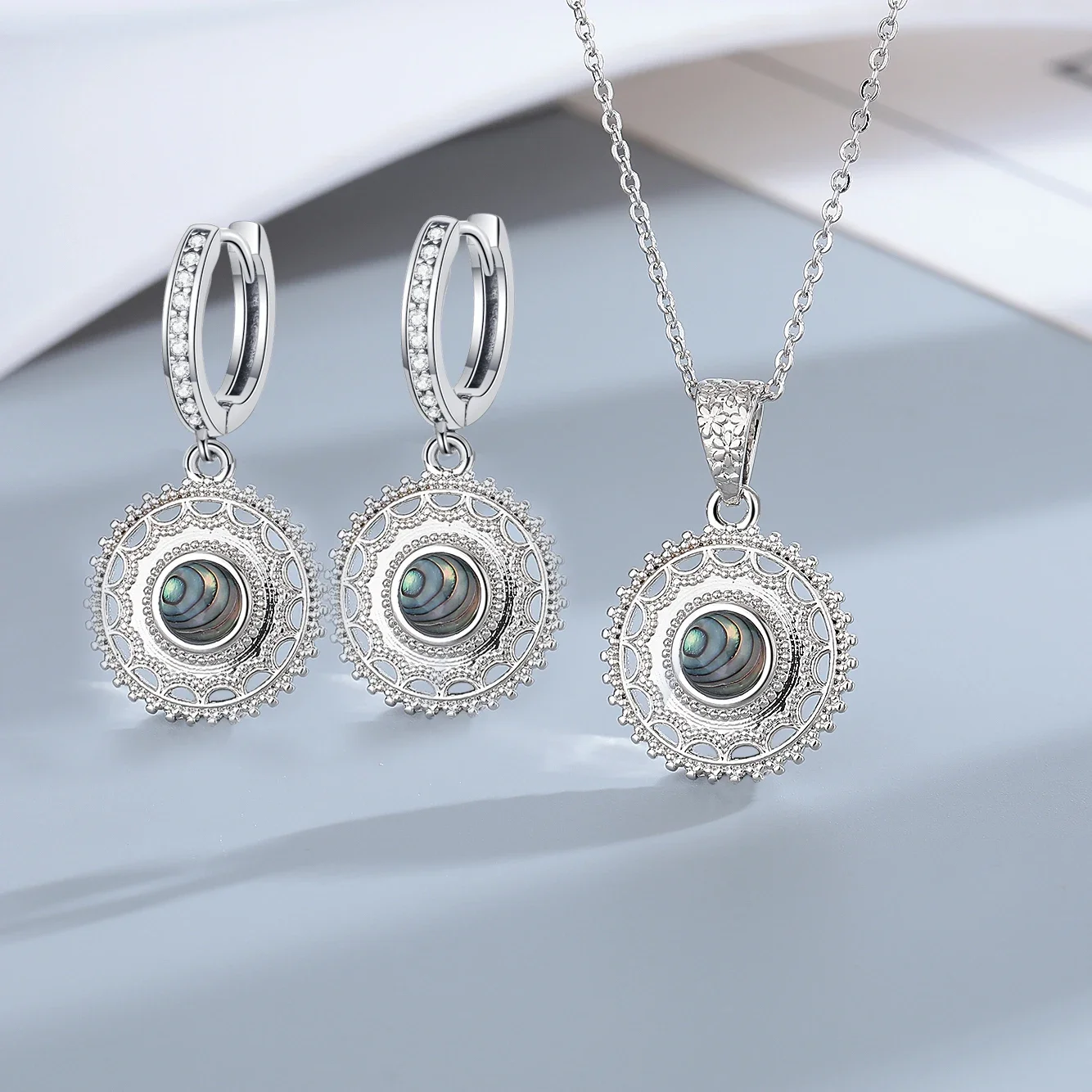 

S925 Sterling Silver Drop Earrings Necklace Set for Women Vintage Jewelry Set Natural Shell Wedding Engagement Gifts