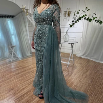 Elegant Turquoise High Split Meramid Long Sleeves Evening Dress with Beaded  For Women Wedding Party