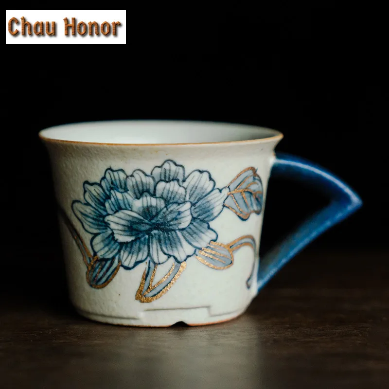 55ml Blue And White Flint Red Teacup Handmade Gold Drawing Peony Flower Tea Bowl Sample Tea Cup Master Cups For Tea Drinkware