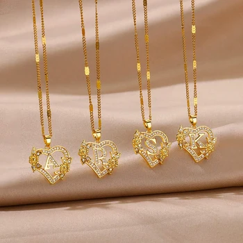Heart Initial Letter Necklaces For Women Gold Color Stainless Steel Chain A-Z Alphabet Pendant Necklace Birthday Jewelry Gift 1