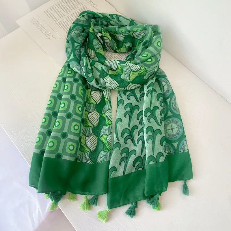 2023-new-green-flower-pattern-tassel-scarf-shawls-soft-long-women-floral-beach-wrap-hijab-scarves-free-shipping