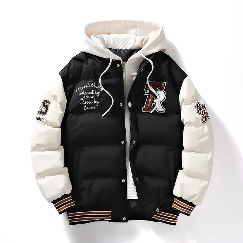 Men's Parka Cotton Padded Jacket Hooded Letter Embroidery Zipper Pockets Coldproof Outerwear Male Coat Streetwear