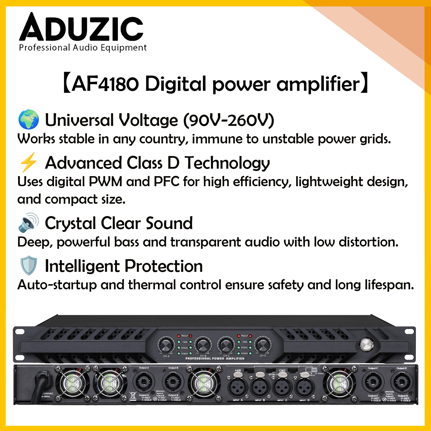 Aduzic AF4180 고출력 4채널 오디오 앰프 4x1800W 클래스 D 90V-260V 오디오 앰프 5300W 브리지 스테이지 라인 어레이 스피커용