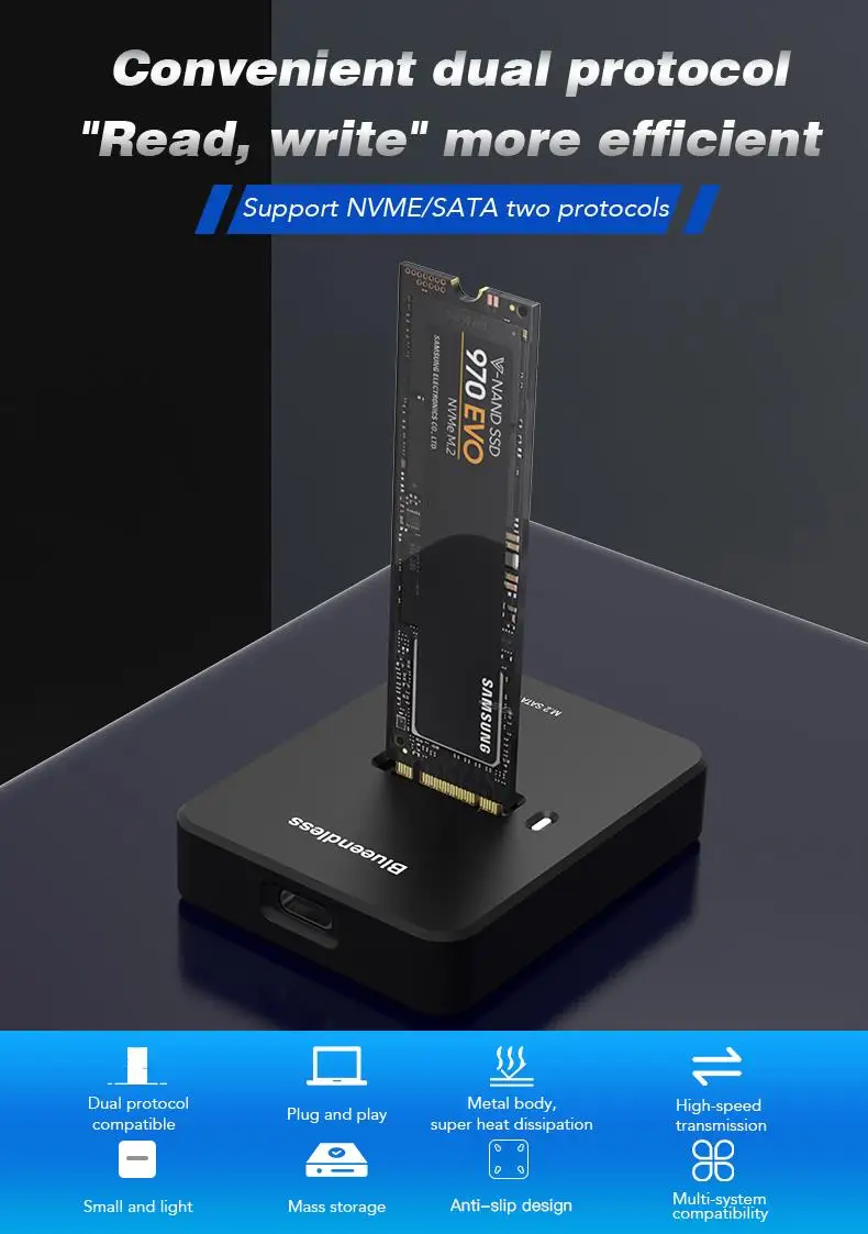 Blueendless Externe SSD-Festplatte M.2 SSD-Gehäuse 10 Gbit/s Online-Lesen Schreiben Geschwindigkeit SSD-Gehäuse für M2 SSD HHD Dockingstation – Detail 1