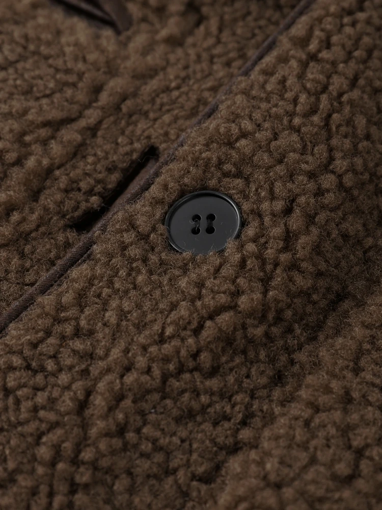 Doppelseitige Damenjacke, Mantel, Umlegekragen, einzelne Knopftasche, weibliche Mäntel, Herbst, elegant, flauschig, kurz, Outwears Damen – Detail 11