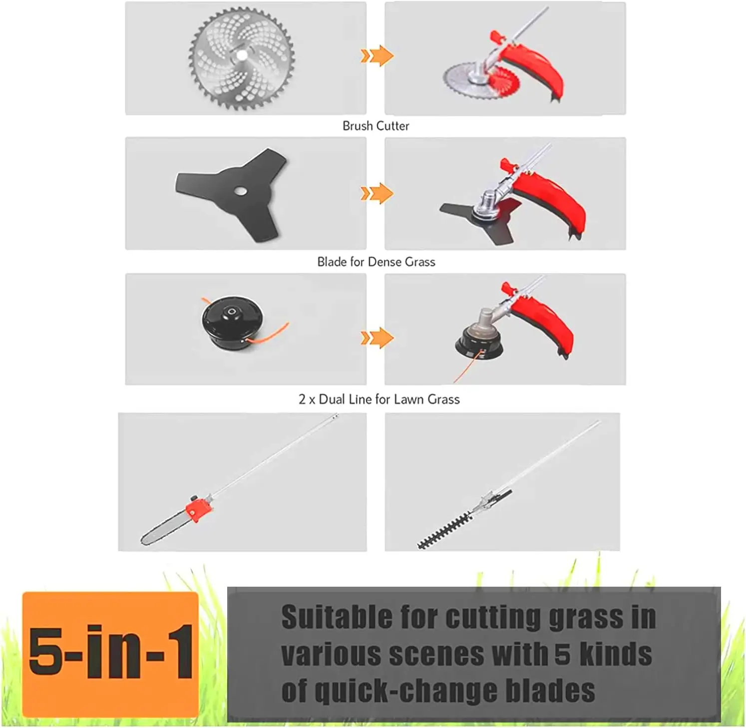 Grass Trimmer 52cc 5 in 1 Gas Powered Brush Cutter Gas String Hedge Trimmer Pole Saw for Quick Weed Grass Cleaning