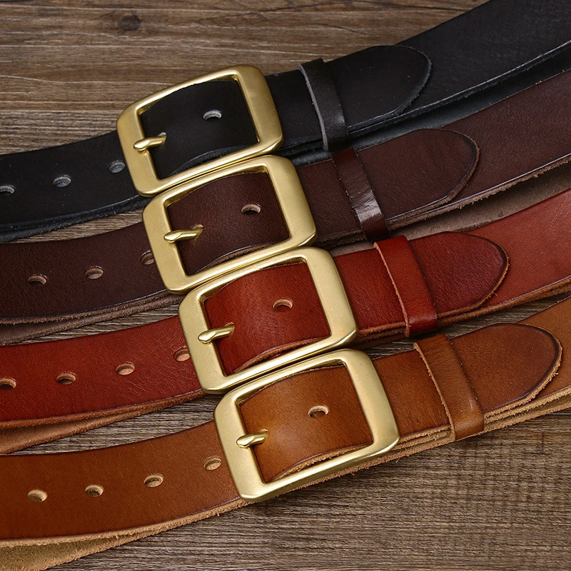 

for Men Retro Vintage Genuine Leather Copper Pin Buckle Waist Strap Male Belt for Jeans High Quality 3.8cm Width Cowskin Belts