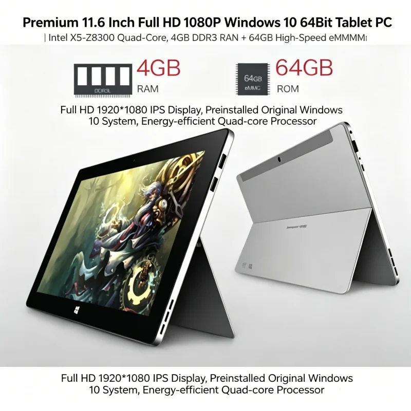 11.6인치 인텔 Z8300 쿼드 코어 64비트 CPU, 5S Pro 윈도우 10 태블릿 PC, 4GB 램+64GB 롬, 1920*1080 풀 HD IPS 디스플레이