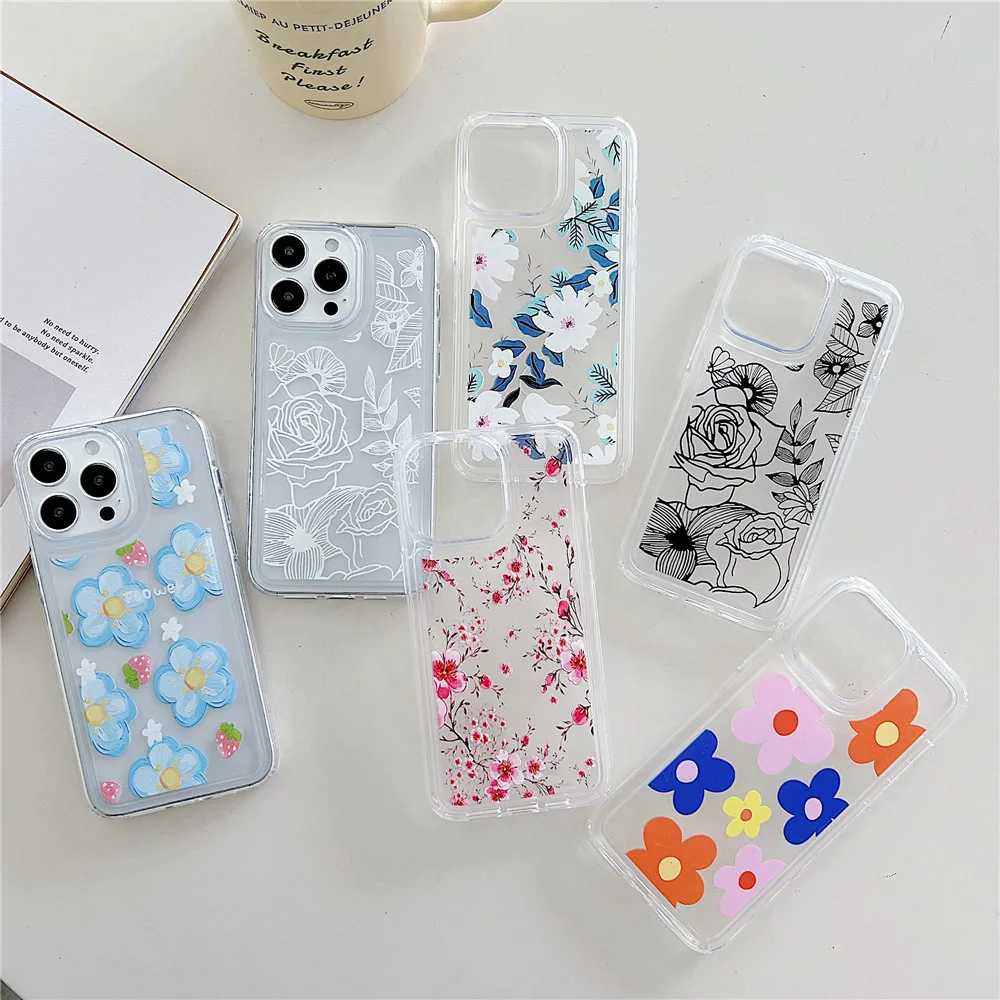 Coque de téléphone à fleurs mignonnes de style coréen INS pour iPhone 15 14 12 13 11 Pro Max 14Plus 15Plus en silicone souple transparent résistant aux chocs_voghion.com