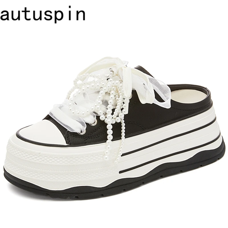 AUTUSPIN 5.5CM Women Shoes Cover Toe Leisure Slippers Fashion Beards Slides Recycled Cowhide Soft Woman Mules Shoes Outdoor Tide