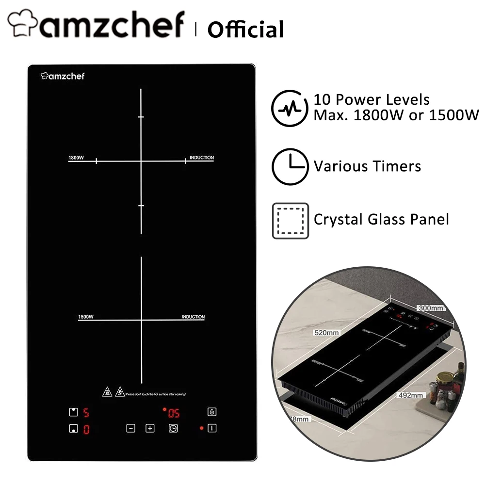 AMZCHEF Induction Hob 2 Plates, Domino Double Induction Hob Builtin With 10 Power Levels, Smart