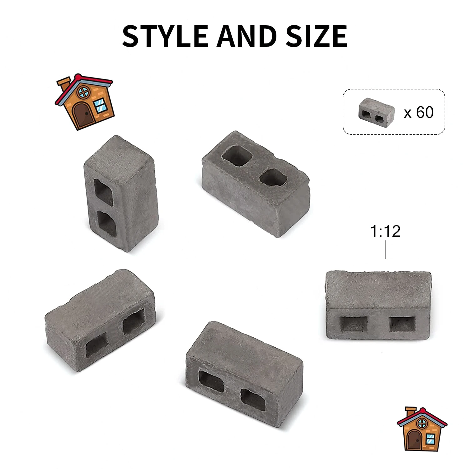 60 Packs Cinder Blocks 1/12 Scale Mini Bricks Concrete Miniature Bricks Tiny Landscaping Dollhouse Accessories 2