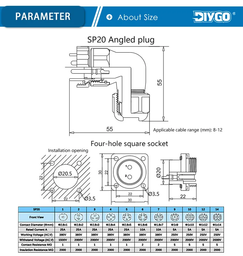 SP20 IP68 Wasserdichter Steckverbinder Ellenbogen Quadrat 4 Löcher Panel Männlich Weiblich Steckdose Schweißen Draht Kabel Luftfahrt Stecker DIY GO – Detail 5