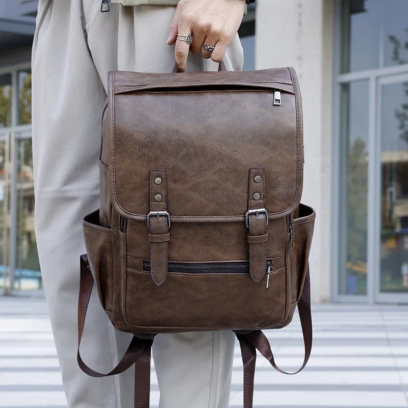 Mens Backpack Large Capacity Vintage PU Leather