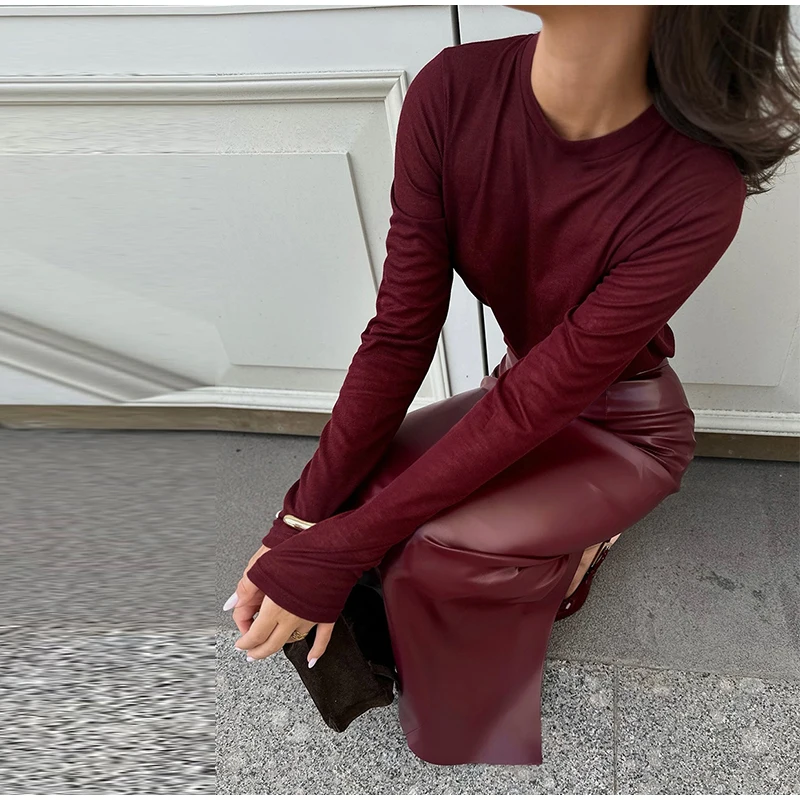 Fashion Burgundy Red Leather Skirt Slim Fit Hip Package Split Skirts Female Autumn Winter Commuting High Street Outwear