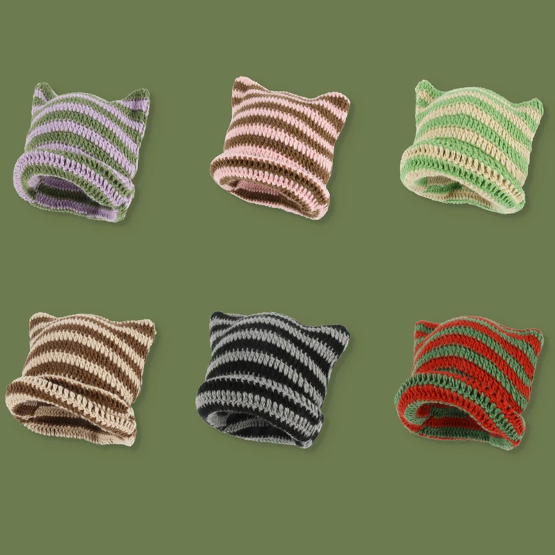 

Autumn Winter New Fashion Warm Wool Thread Hanging Ball Hat Women Cute Stripe Knitting Cat's Ears Little Devil Horn Pointed Cap