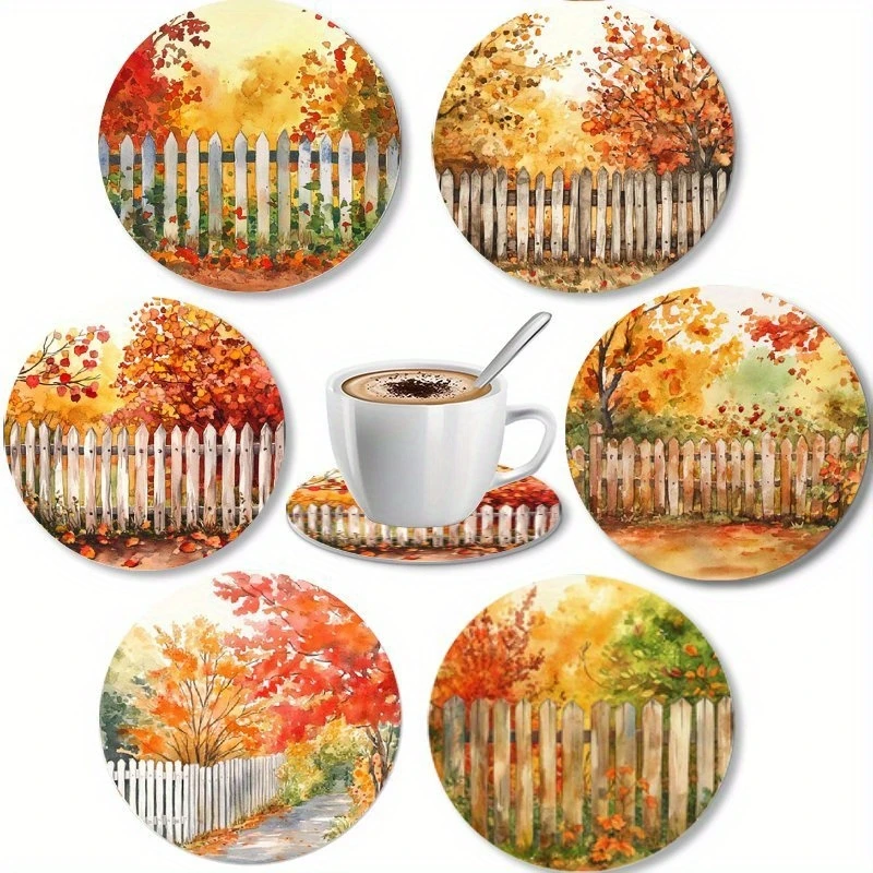 2D 4in Sonbahar Manzarası Orman Ahşap Bardak Renkleri Sanatsal Orman Desenli Bardak Altlıkları Mutfak Kahve Dükkanı Romantik Dekor Hediyeleri