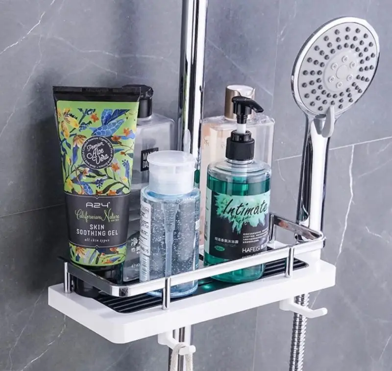 Bathroom Shower Shelf Storage Rack Organizer No Drilling Lifting Rod Shower  Head Holder Shower Gel Shampoo Tray Pole Shelves - AliExpress