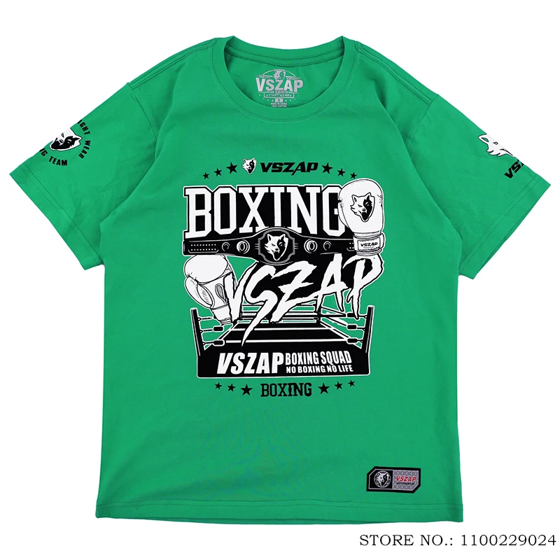 Vszap Boxing T-Shirt Box Fight Tee Cotton Fighter Gift Martial Arts MMA T Shirt Green Casual Kickboxing Sports Training Tops
