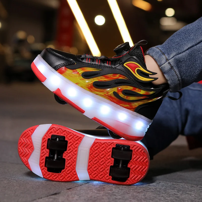 New children's four-wheel novice light up rotary button automatic shrinkage fast walking shoes for boys sneakers